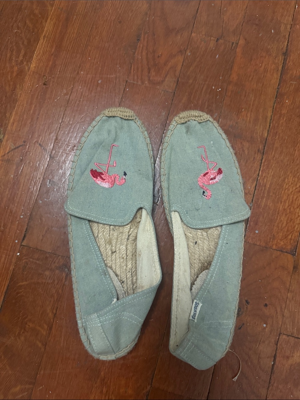 Soludos Green Canvas Espadrilles with Pink Flamingo Embroidery